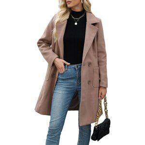 Women's Tan Winter Wool Blend Camel Mid-Long Coat Notch Double-Breasted Jacket